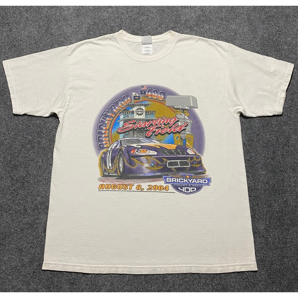 Vintage 2004 Brickyard 400 NASCAR T Shirt Casey Mears Starting Field XL White